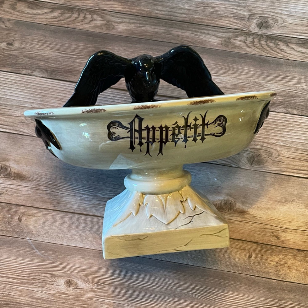 Final 👻Dept 56 Halloween Crow Raven Bone Appetit Candy Pedestal Dish